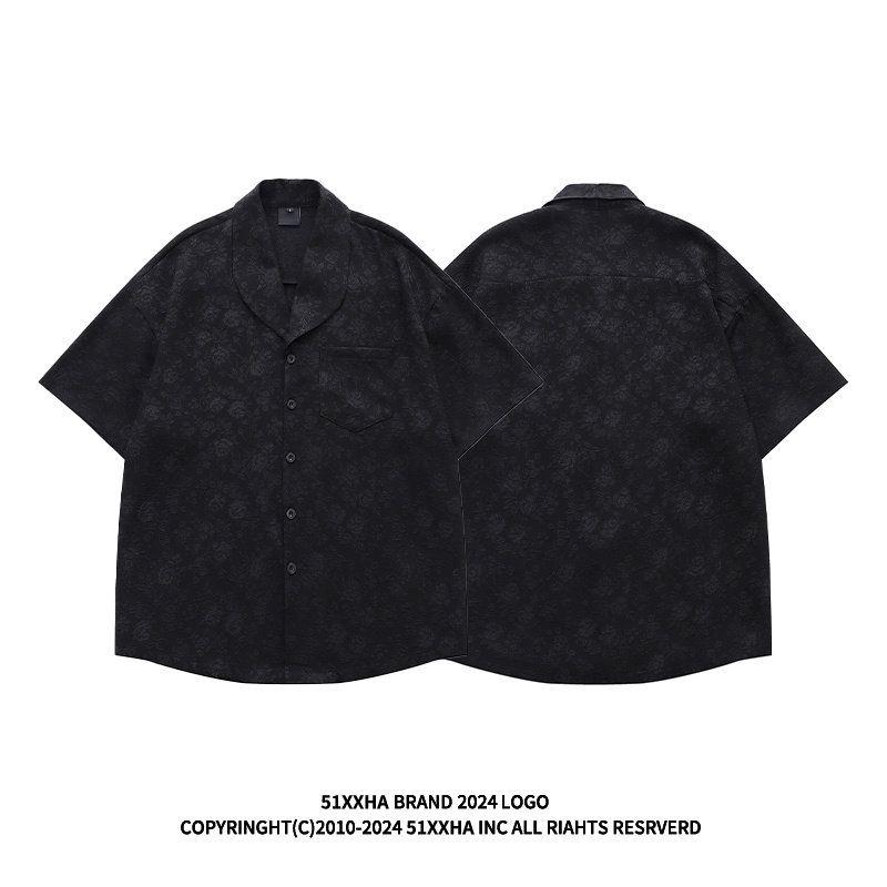 51 Hip Hop American Stylish Pattern Short Sleeve Shirt Boys Fashion Brand Vintage Niche Style Couple Tencel Shirt