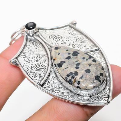 Natural Dalmation Jasper, Spinel Gemstone 925 Sterling Silver Pendant 2.80" C9S03