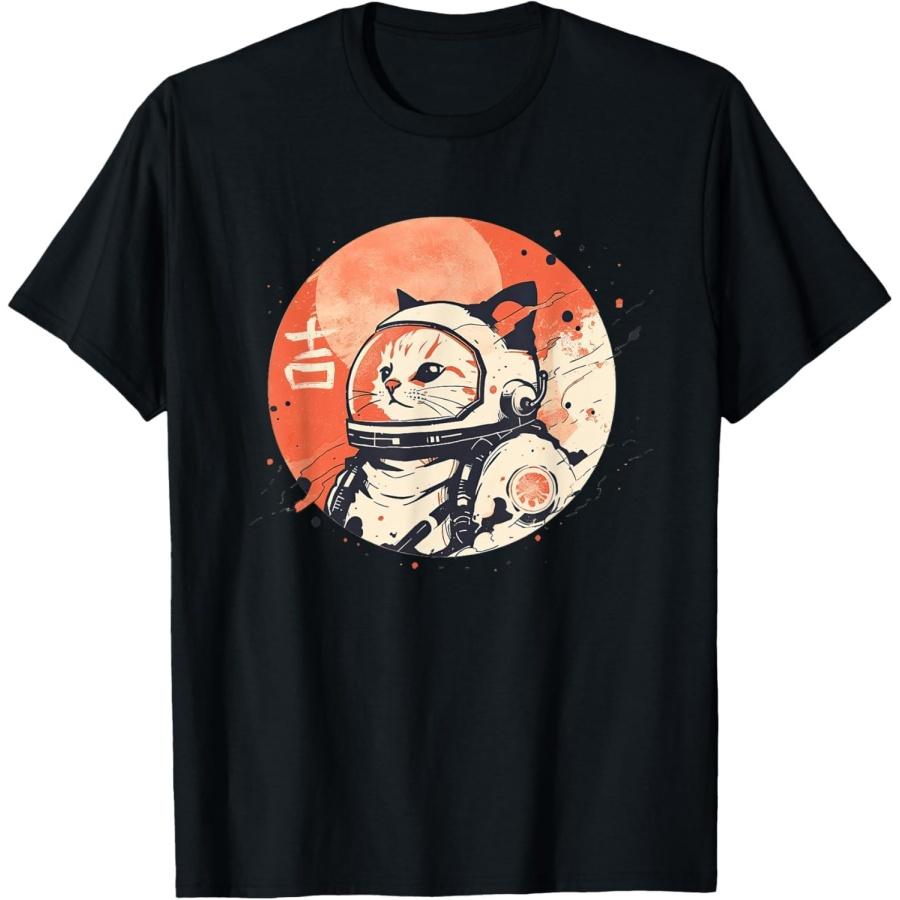 Figured Funny Japanese 1950s Retro Space Cat Good Luck Kanji T-Shirt for Men Women S