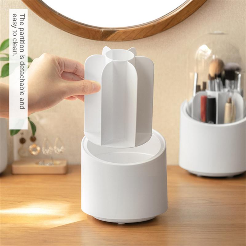 Desktop Makeup Brush Storage Bucket Cup Holder With Lid Rotating Makeup Lipstick Cosmetic Storage Box Organizer Tube Transparent