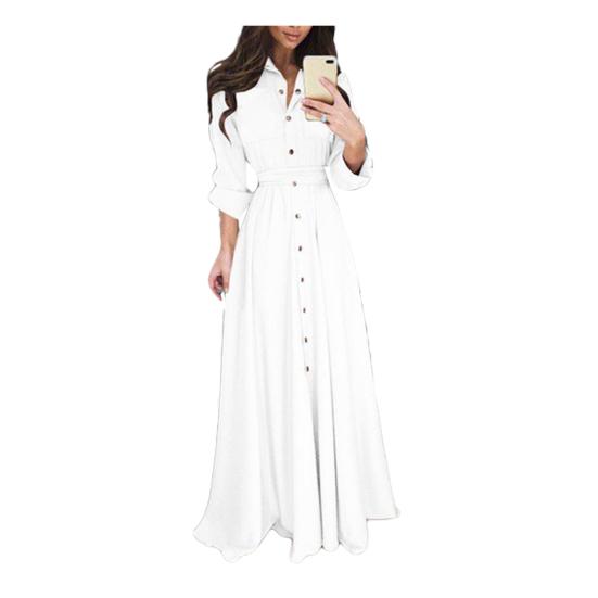 Women Single-Breasted Button Long Sleeve Turn-down Collar Dance Party Maxi Dress