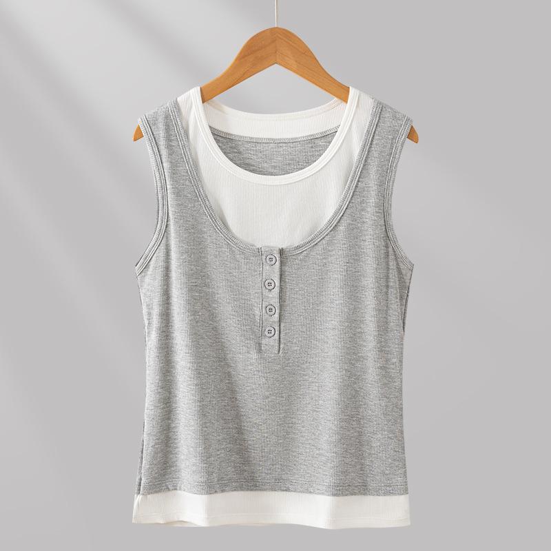 

Plus Size Color Block Two-Piece Vest: Women s Slim-Fit Ribbed Sleeveless Summer Top M (45-53kg) сірий колір