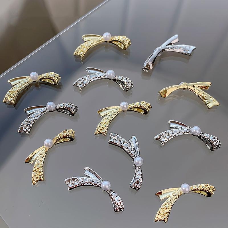 5Pcs Vintage Simple Mini Gold And Silver Bow Pearl Inlaid Bowknot Alloy Nail Art Design  Decorations Manicure Charms