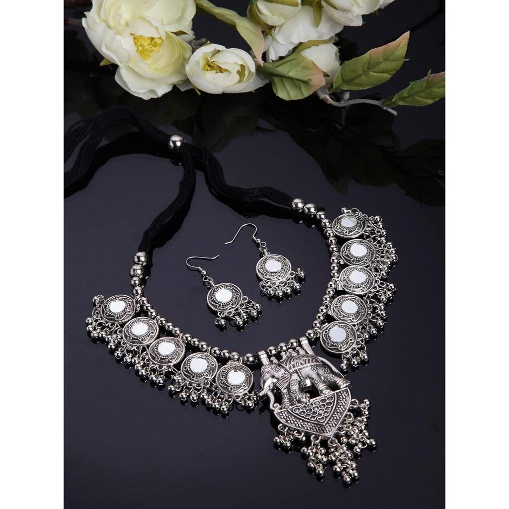 Shining Diva Fashion Latest Stylish Traditional Oxidised Silver Necklace Jewellery Set for Women