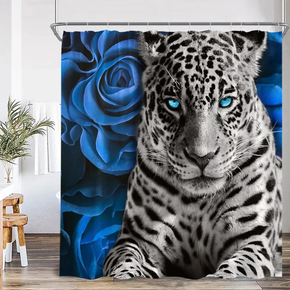 Wild Animals Shower Curtain Tiger Forest Elegant Panther Green Palnts Rose Floral Home Decor for Bathroom Polyester Bath Curtain