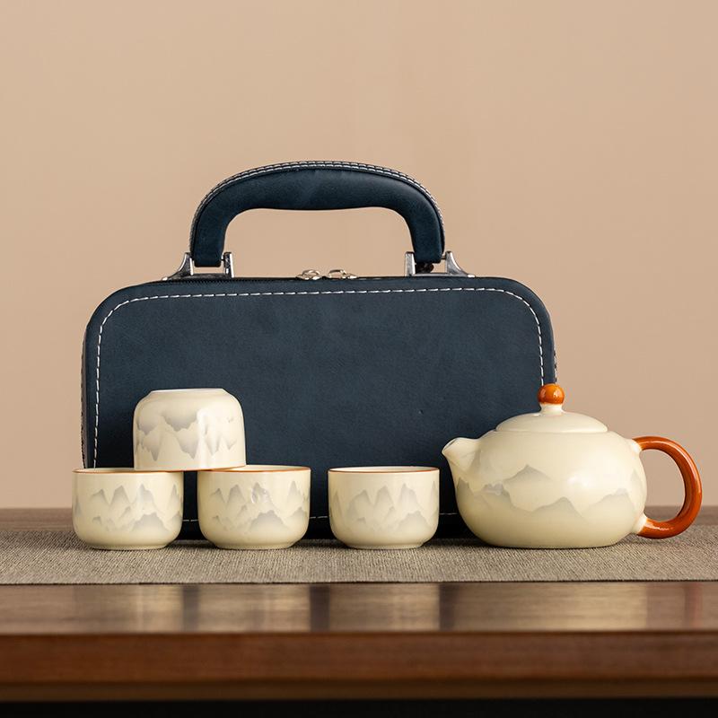 2025 New Huang Ru Kiln Travel Tea Set One Pot Four Cups Kung Fu Outdoor Portable Tea Drinking Tea Pot Tea Cup