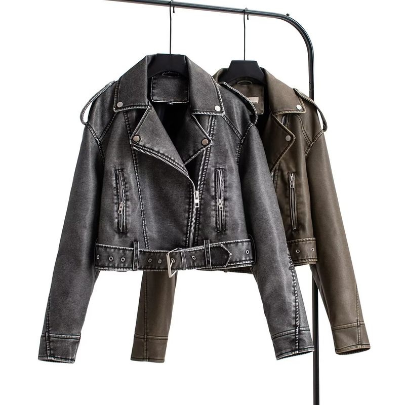 

Street Retro Distressed Pu Jacket Short Coat Leather Coat Dark gray(High quality) L