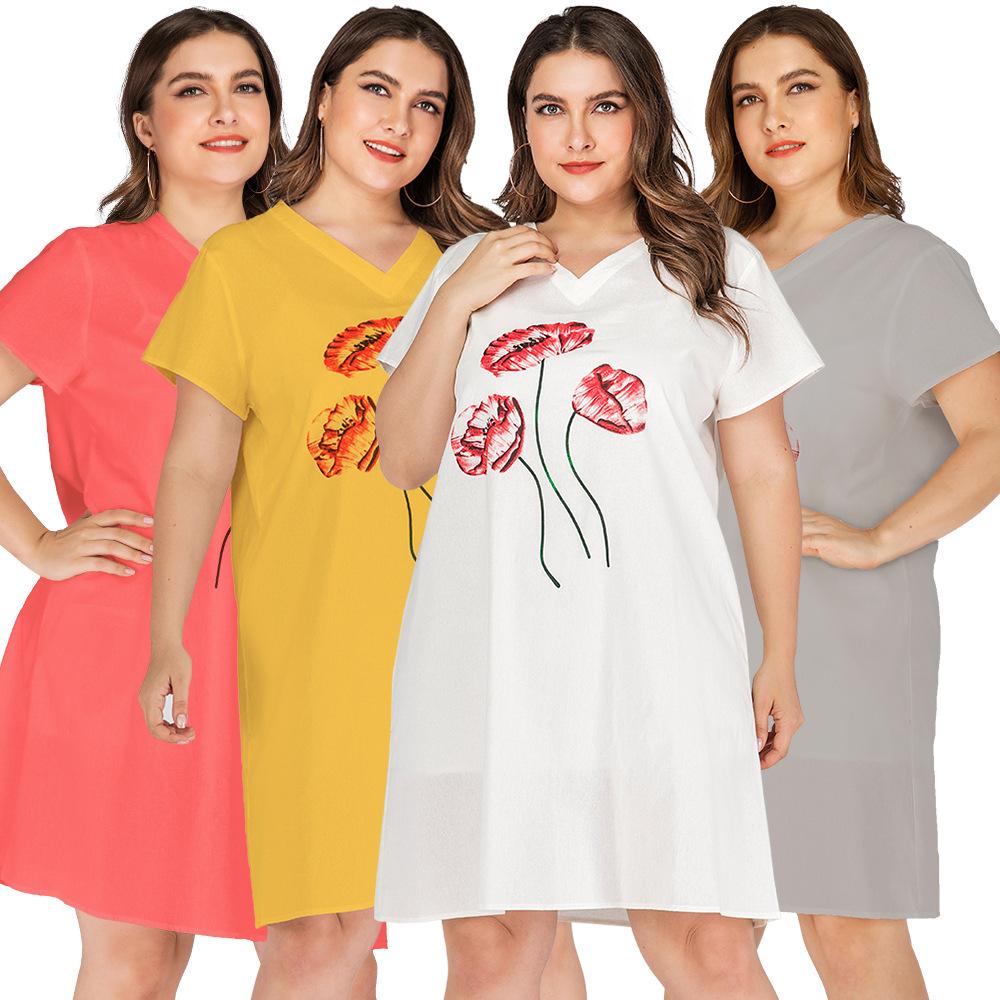 Letní dámské šaty Velké velikosti s výstřihem do V Potisk Volné šaty s krátkým rukávem