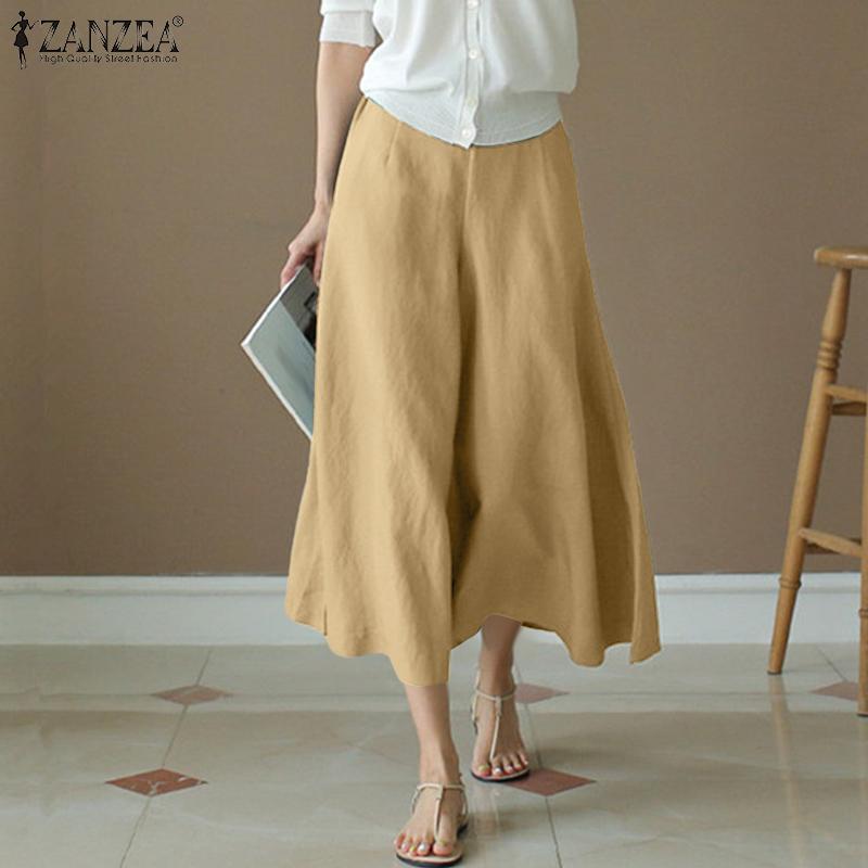 ZANZEA Damen Lässig Elastischer Bund Locker Sommer Weitbein Cropped Hose