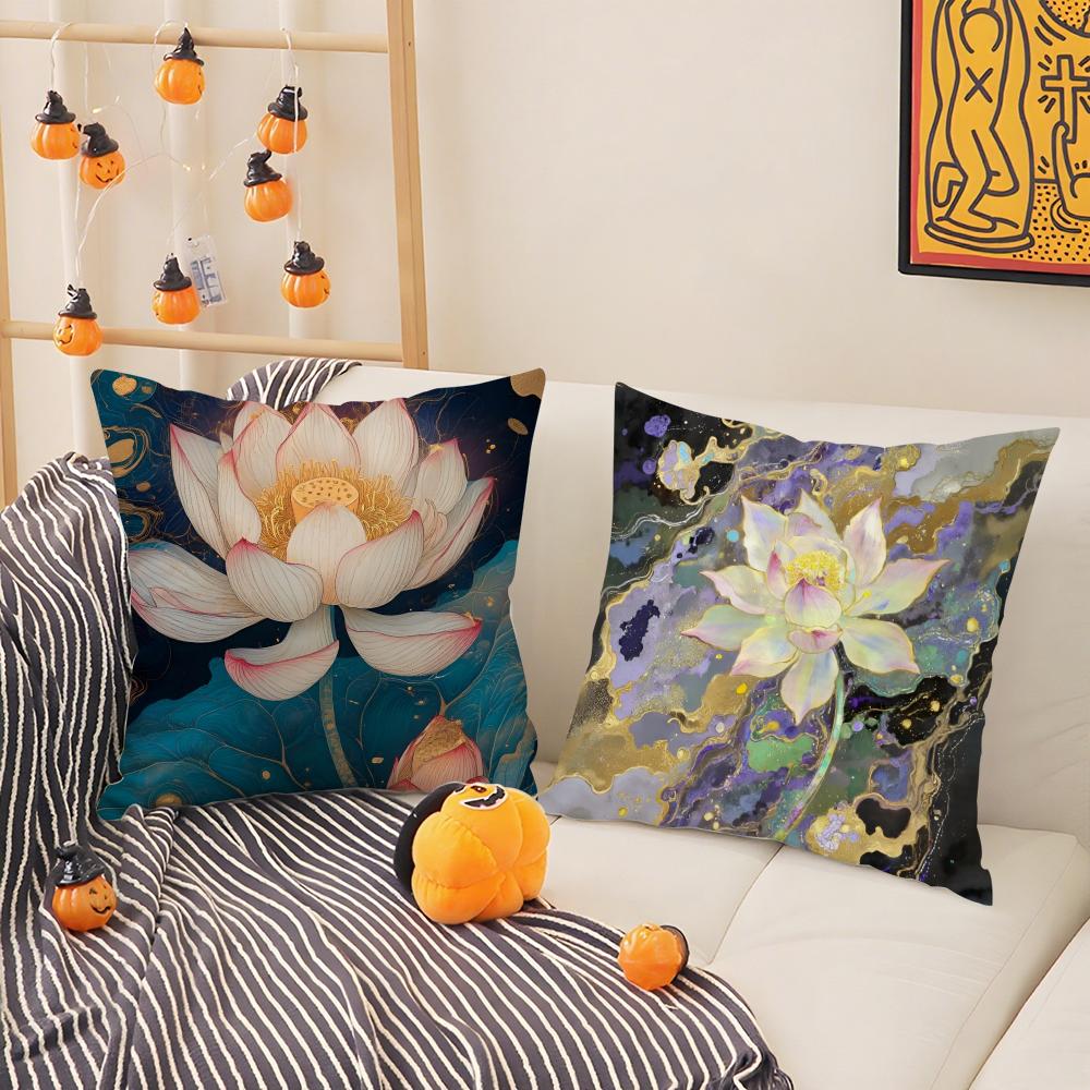 Beautiful Lotus In Summer Pillow Case Silky Short Plush With Invisible Zipper Dustproof Sofa Cushion Cover For Home Decor