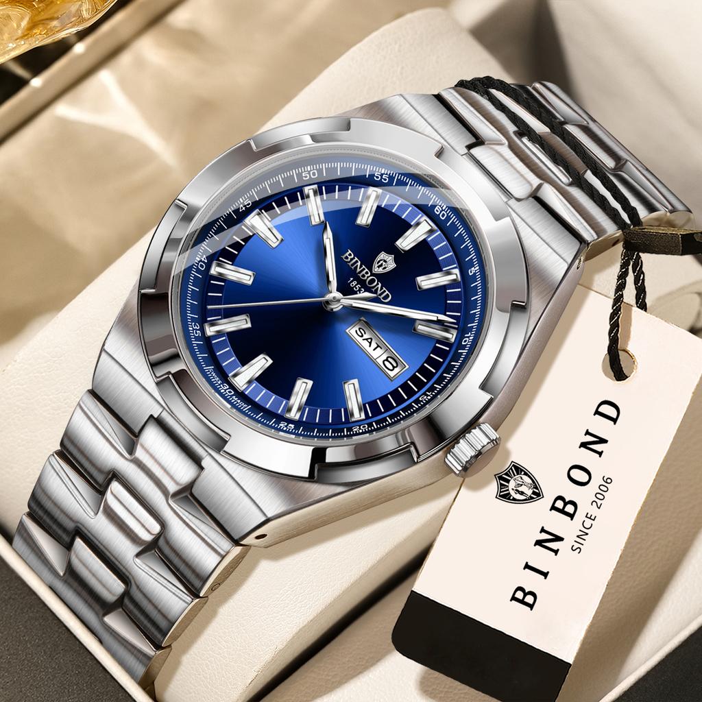 BINBOND Sturdy Waterproof Quartz Watch For Men Luxury Auto Date Week Display Luminous Precise Men's Watches Orginal Reloj