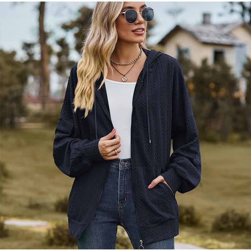 Women's Oversized V-neck Zipper Pure Color Long Loose Hooded Outwear