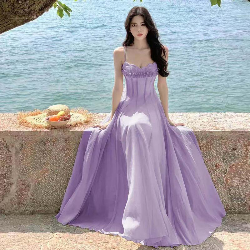 French Mesh Suspender Dress Fairy Summer Super Fairy Temperament High Sense Seaside Vacation Beach Long Skirt