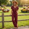 Women's V Neck Button Front Waist Belted Jumpsuit for Casual Wear