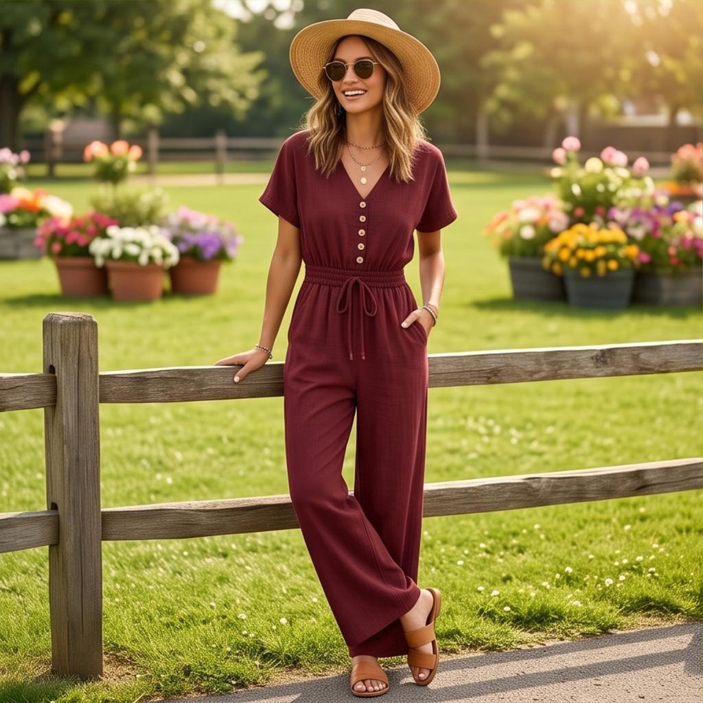 Women's V Neck Button Front Waist Belted Jumpsuit for Casual Wear
