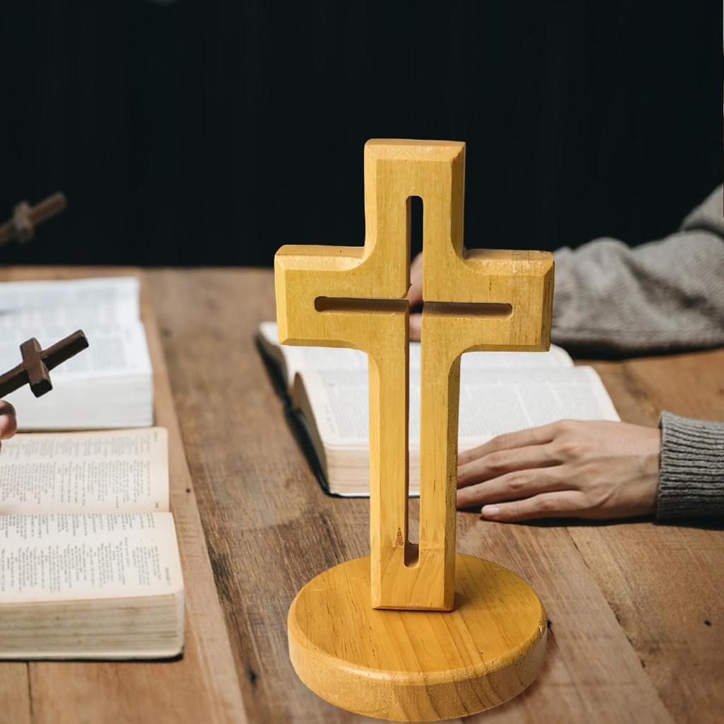 Bords trä stående kors prydnad med stativ Elegant konst Katolsk unik religiös korsdekoration för kontor årsdag skrivbord