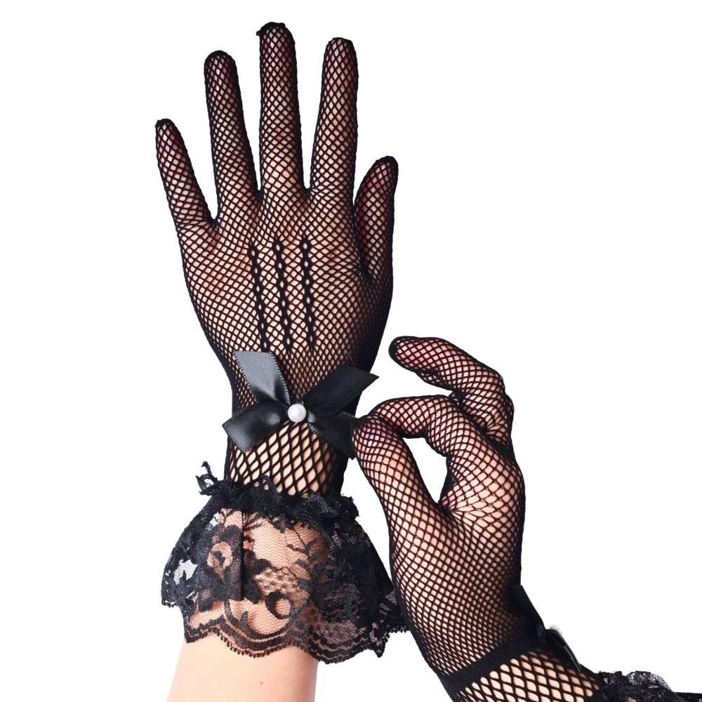 Five-finger Women Driving Gloves Bow Wedding Gloves Elegant Fishnet Mittens Summer
