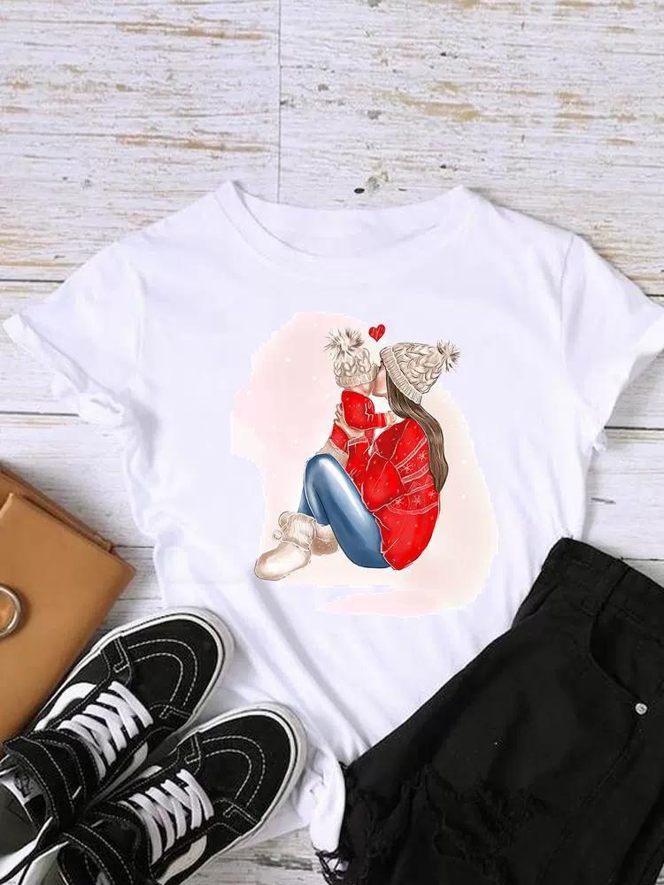 Christmas Womens Round Neck Short Sleeved Christmas Tree Reindeer Print Womens Loose Oversized Comfortable White Tshirt