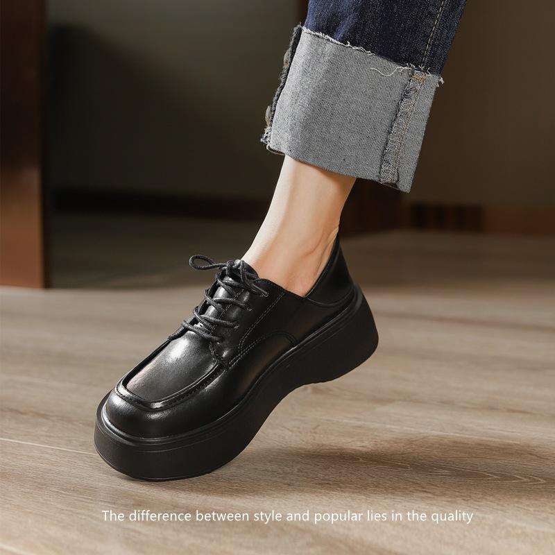 2025 autumn and winter big round head muffin sole single shoes leather lace-up black college style poetry small leather shoes women