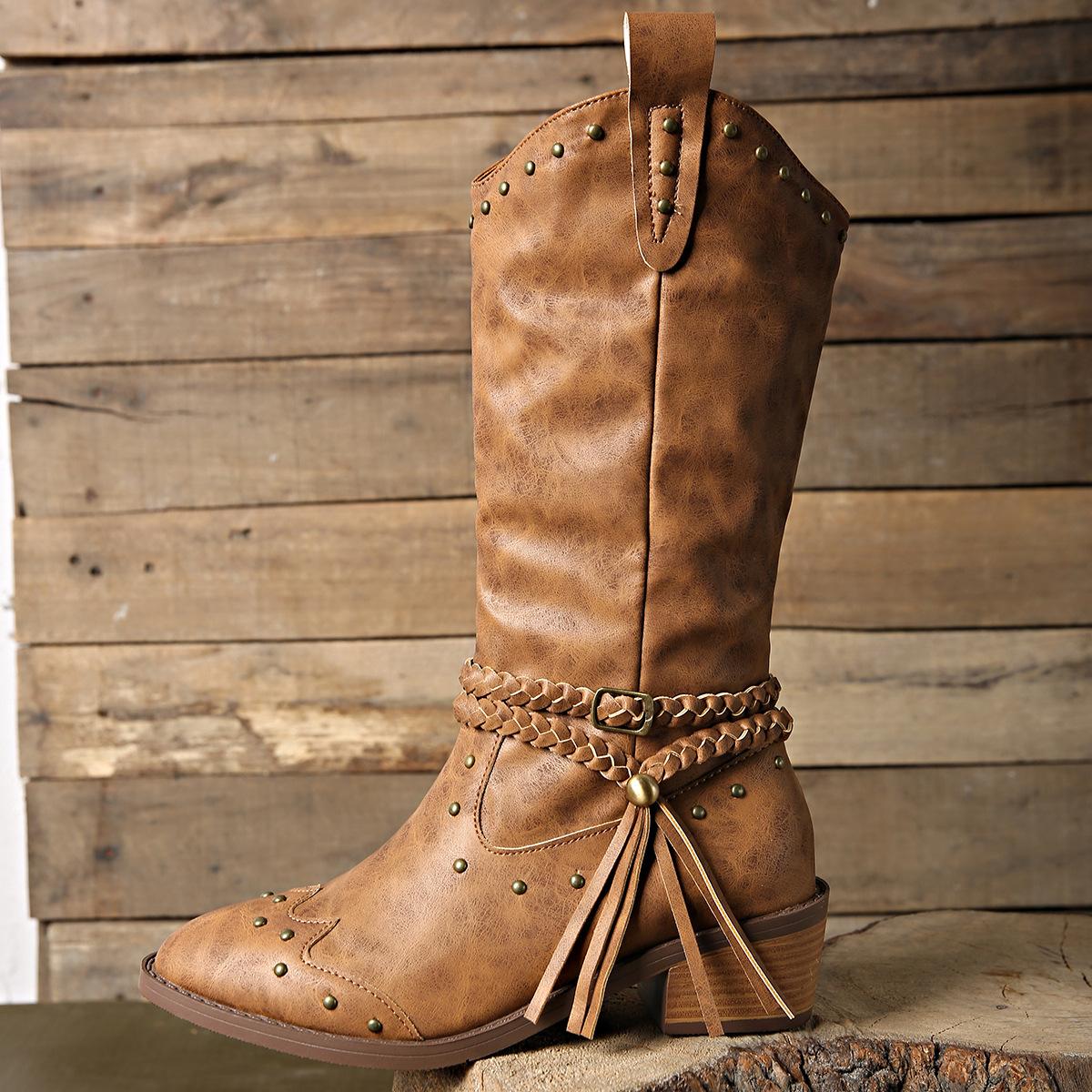 

Новые европейские и американские остроносые рыцарские сапоги, толстый каблук с заклепками, средний каблук, длинная труба, сапоги с бахромой, пряжка для ремня у женщин, модные сапоги, женские 35 темно-коричневого