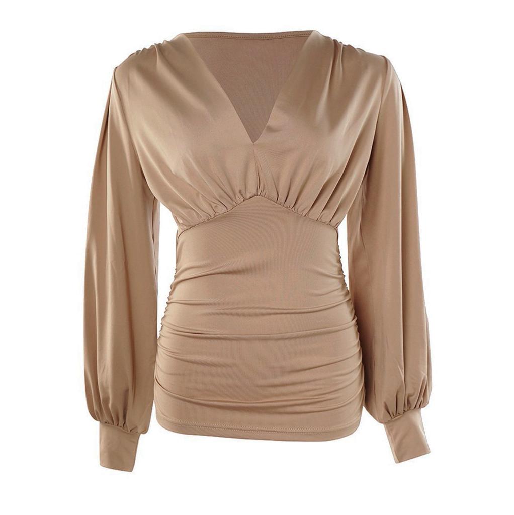 Long Sleeve For Women Fashion V Neck Retro Print Waist Wrapped Top T-shirt