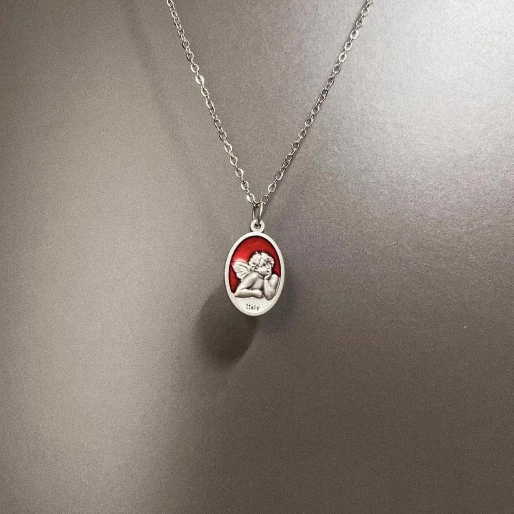 Exquisite Gothic Red Drip Glaze Sliver Color Geometry Oval Double-sided Angel Pendant Necklace for Women Jewelry Accessory Gifts
