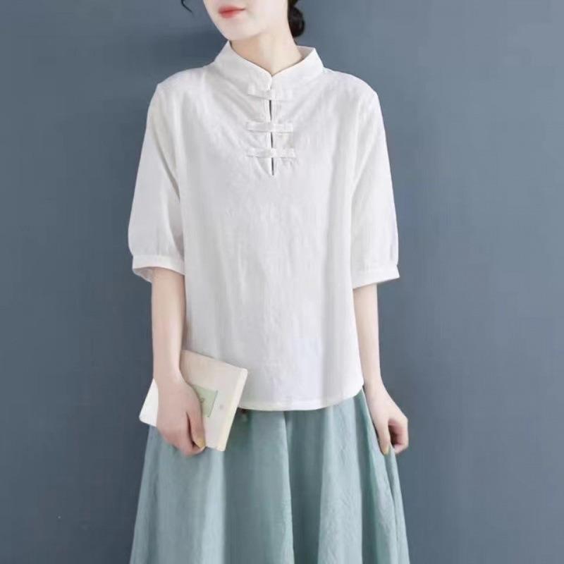 Cotton and Linen Loose T-shirt Retro Mid-sleeved Shirt Women's Chinese Style Tea Service Loose Pullover
