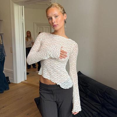 2025 Spring And Summer Women'S New Solid Color Lace Slant Hem Sexy Long Sleeve T-Shirt Top Fashion Spice Girl Lace Tops