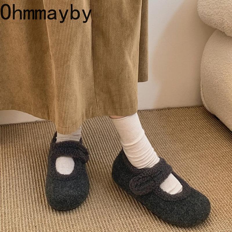 Autumn Woolen Fabric Women Flats Shoes Comfort Soft Sole Mary Jane Shoes Warm Cotton Outdoor Shoes For Winter