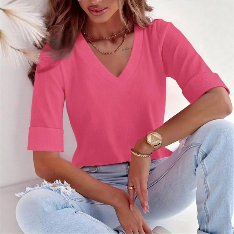 

Women V Neck Cuffed Sleeve Textured Knit Top Casual Solid Color Blouse S розы красного