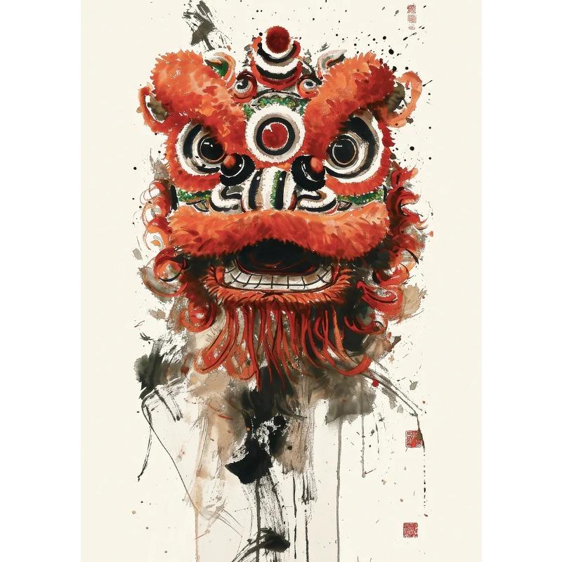 Modern Colorful Chinese Lion Dance Ink Wash Style Posters and Prints Canvas Printing Wall Art Picture for Living Room Decoration
