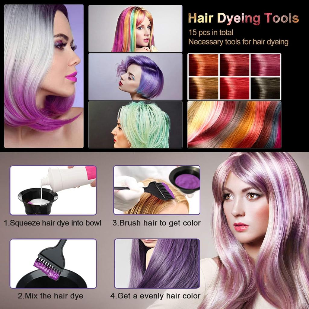 15 Pcs Hair Dye Coloring Kit, Hair Coloring Dyeing Bleaching DIY Salon Tool, Hair Tinting Bowl/Dye Brush/Mixing Spoon/Ear Cover/Gloves/Tint Comb Hair