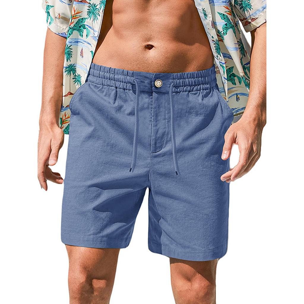 Mens Casual Linen Shorts Elastic Waist Drawstring Summer Beach Vacation Short