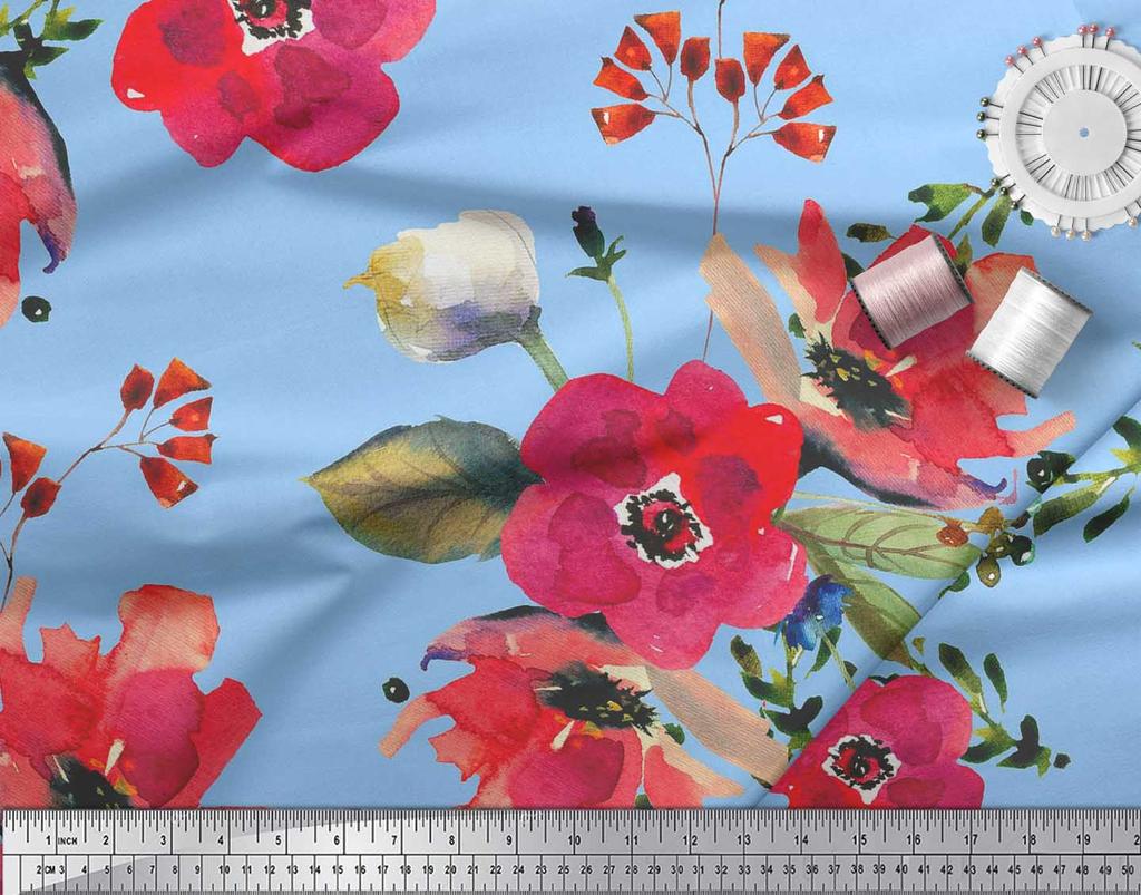 Soimoi Japan Crepe Satin Fabric Leaves & Poppy Flower Print Sewing Fabric Metre 42 Inch