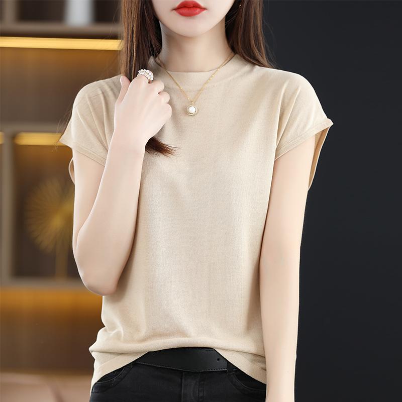 Fashion New Short Sleeve Slim Fit Casual T-shirt Women Summer Tops Round Neck Solid Elegant Knitted T Shirts Woman Simple Loose Ladies Tee 26041