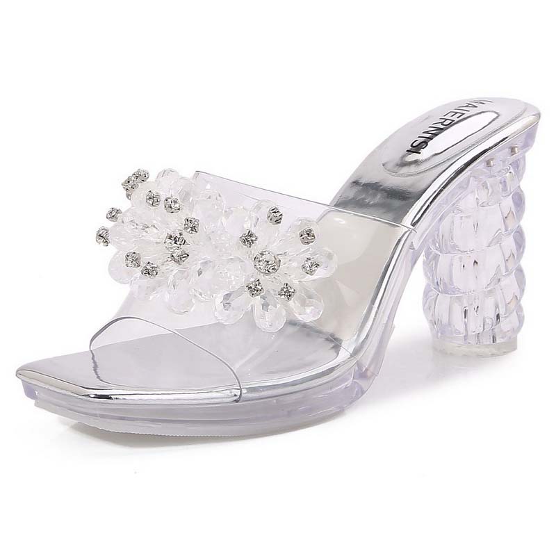 

Women Rhinestone Transparent High Thick Heel Sandals Outdoor Office Nightclub Party Wedding Banquet Crystal Heel Slide Sandals 43 срібний