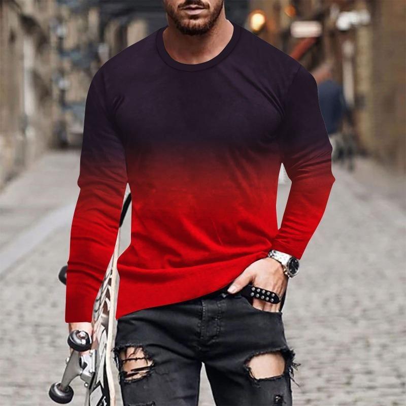European and American Fashion Gradient Printed Casual Long Sleeved T-shirt O Neck Oversized Pullovers Tees Tops Men's Clothing