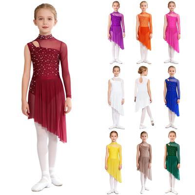 Girls Asymmetrical Lyrical Dance Costume Mock Neck Cutout Sheer Mesh Patchwork Shiny Rhinestones Side Split Dress