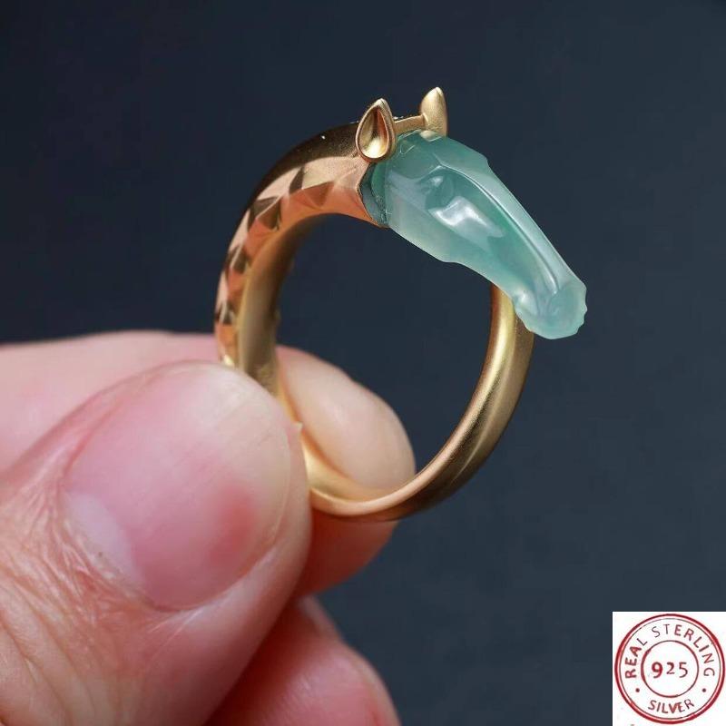 New Chinese Style Imitation Jade Dragon & Horse Ring, Zircon Inlaid Lucky Adjustable Open Band, Minimalist Luck Statement Ring