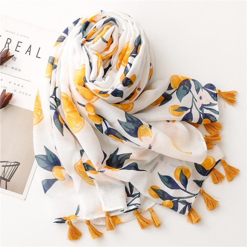 Fashion Women Spring Autumn Viscose Scarf Shawl Lemon Tree Floral Tassel Pashmina Stole Wrap Echarpe Foulards Muslim Hijab