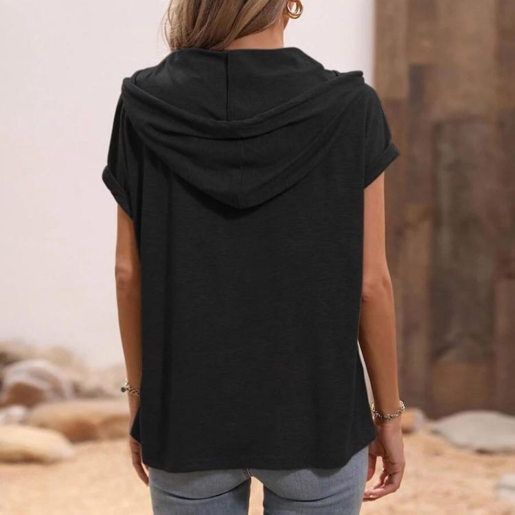 Women's Casual Loose Hooded T Shirt Short Sleeve Solid Color Button Drawstring Fashion Top