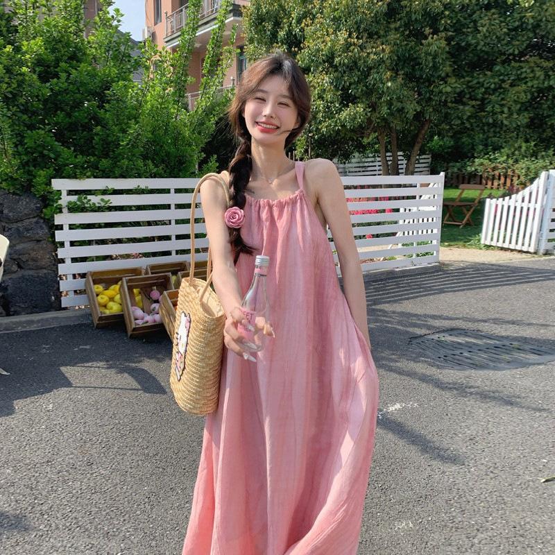 Pink Suspender Long Dress Women's Summer New Seaside Vacation Beach Dress Neck Design Niche Skirt