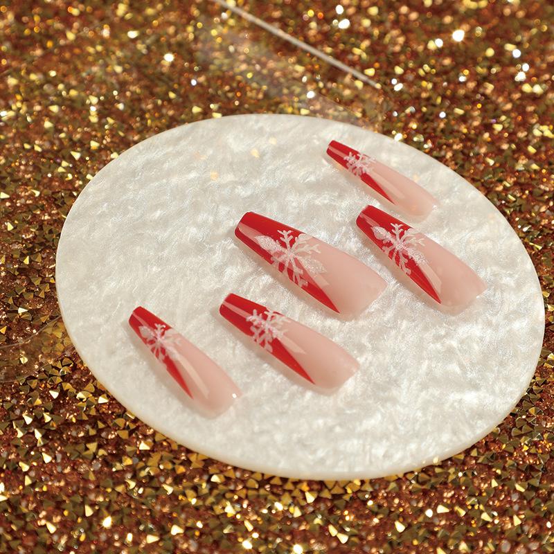 Nail art piece Red edge French wearing nail Christmas snowflake nail art finished nail art patch fake nail