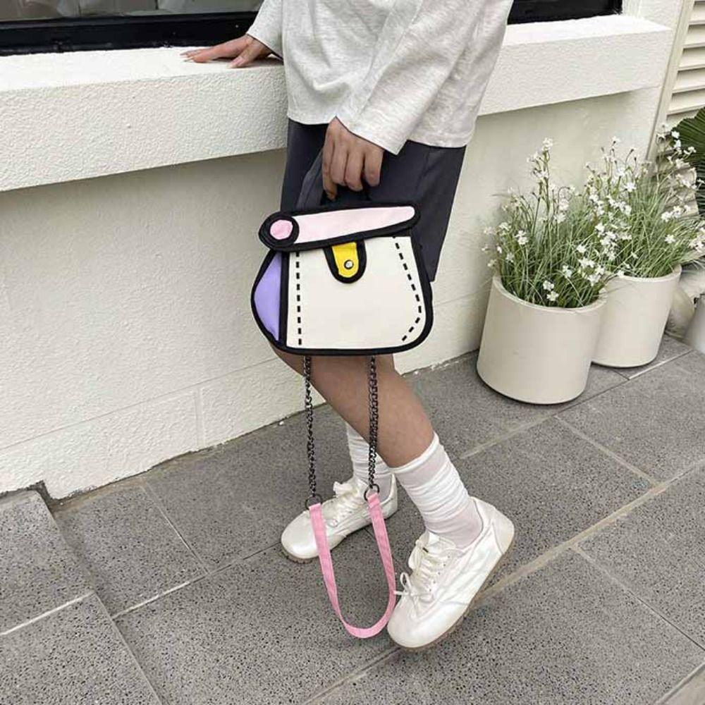 2D Anime Chain Shoulder Bag Cartoon Line Painting Messenger Bag Simple Comic Crossbody Bag Travel