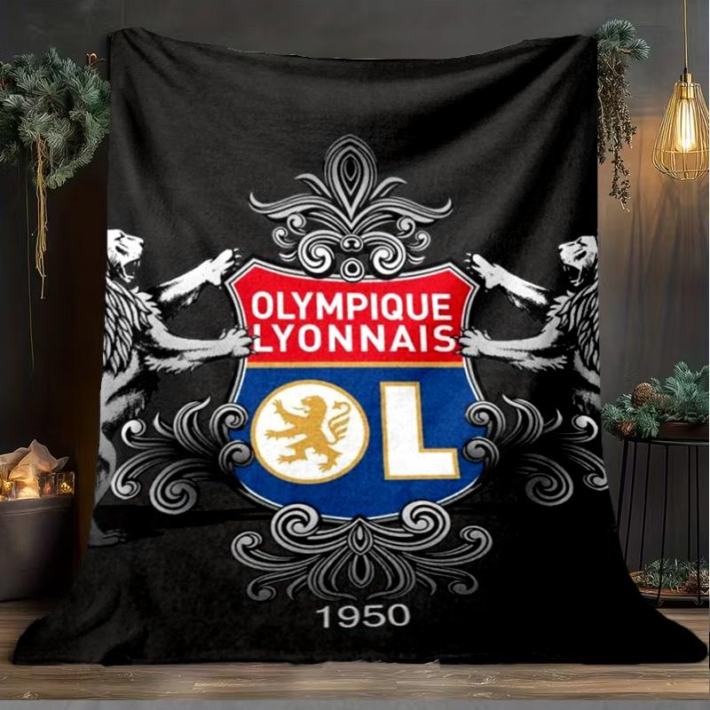 1PC Lyon Football Crest Design Printed Soft Flannel Blanket Throw for Adult Bedroom Living Room Sofa Camping Travel Fan gifts Christmas Gifts