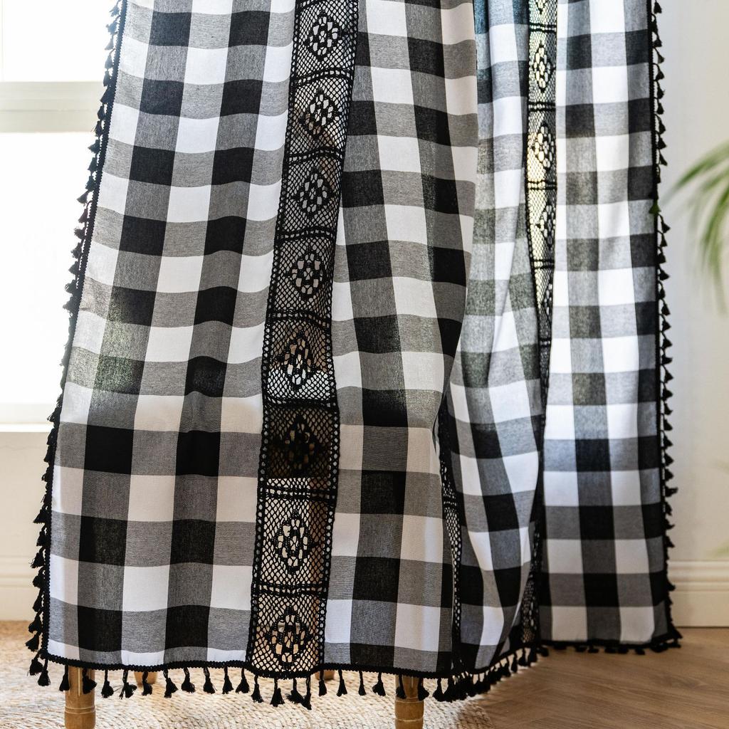 Black And White Plaid Splicing Curtains Medium Ancient Style Foreign Retro Personalized Art Hollow Short Curtain