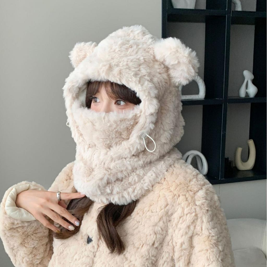 Plush Bear Knitted Ear Protection Hat Mask Scarf Integrated Warmth and Cold Protection Lei Feng Hat Women's Winter Thickened Plush