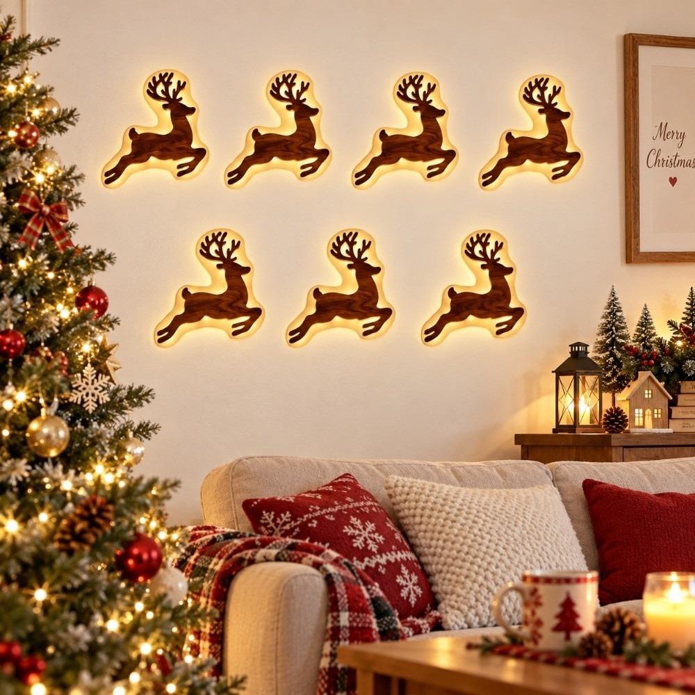 7 Stück Holz-Weihnachts-LED-Schmuck Nikolaus Wandaufkleber Bastelarbeiten Neujahr