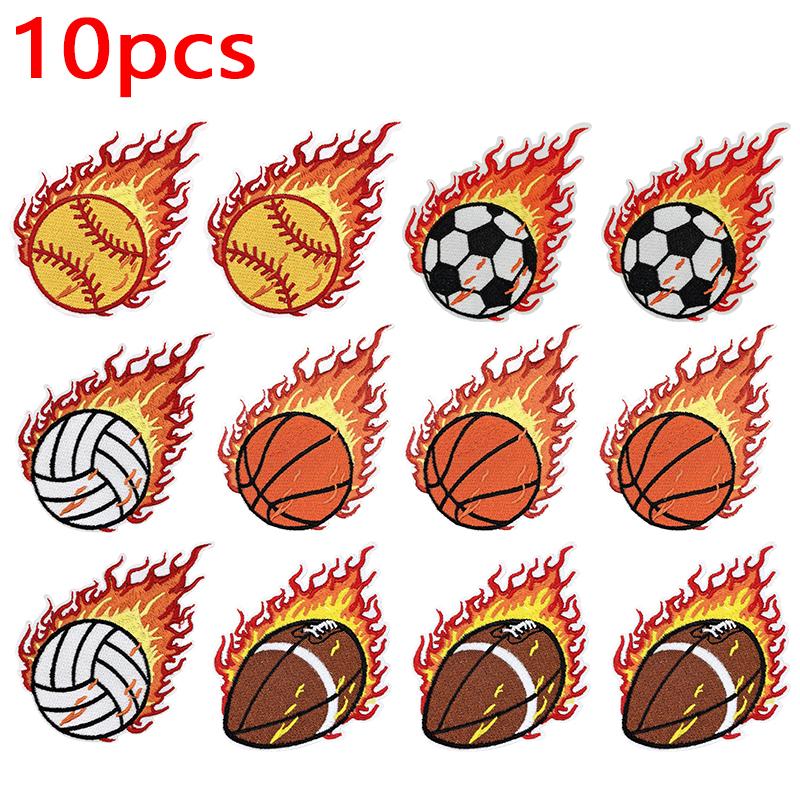10pcs Flame Sports Ball Embroidery Patches On Clothes Jackets Backpack Football Volleyball Rugby Iron On Patches For Clothing
