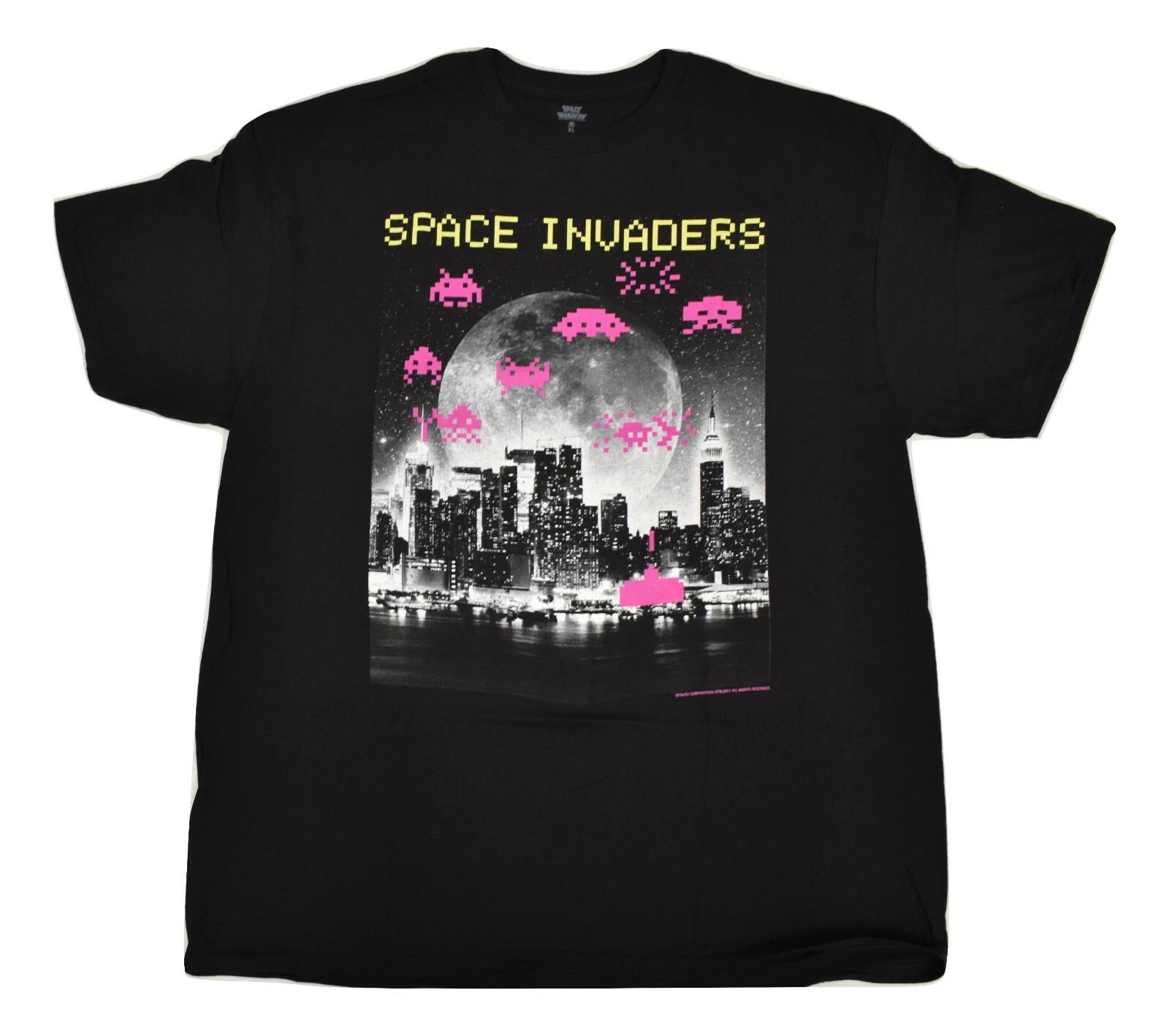 Space Invaders Mens Pixel Characters Over Modern City Funny Black Shirt New XL 4XL